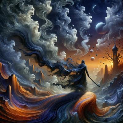 The primary subject of the image is a person, possibly a wizard or a warrior, walking through a dark and stormy landscape. The setting includes a cityscape with buildings and a tree in the background. The visual style of the image is digital art, with a rich and detailed atmosphere. The dominant colors in the image are dark shades, such as black, grey, and purple, creating a moody and dramatic mood.